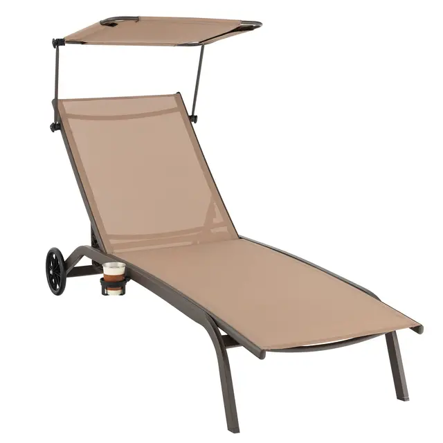 COSTWAY Tumbona Jardin Reclinable 6 Niveles, 2 Ruedas, Tumbona Playa Parasol Ajustable y Portavasos, 191 x 61 x 96cm, Carga 150kg, ExteriorTerraza Balcón Piscina (café)