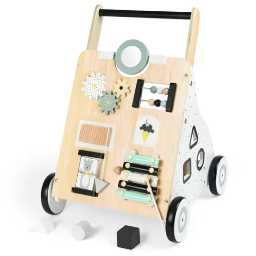 Aolso Andador de madera para bebé, caminador de empuje con bloques, centro de actividades de múltiples juguetes de aprendizaje, andador de actividades que apoya las habilidades motoras, desarrollo