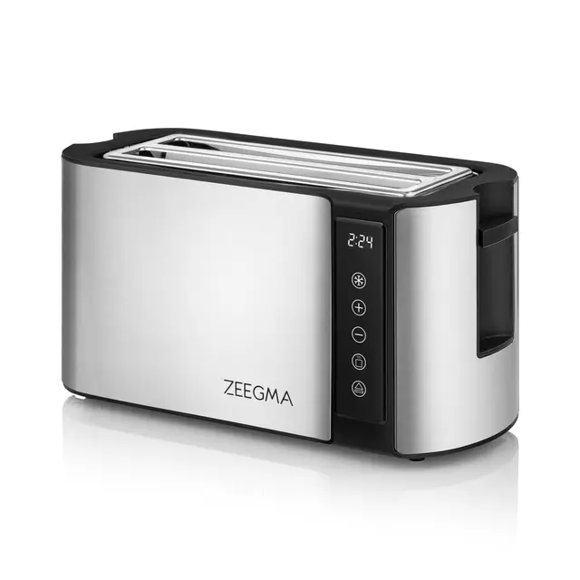 ZEEGMA TOSTEE CHEF Tostadora de Pan de 4 Rebanadas de Acero Inoxidable, Soporte para Panecillos 1500 W, Descongelar, Recalentar y Parar, Bandeja para Migas, Pantalla LED con Temporizador, 7 Niveles