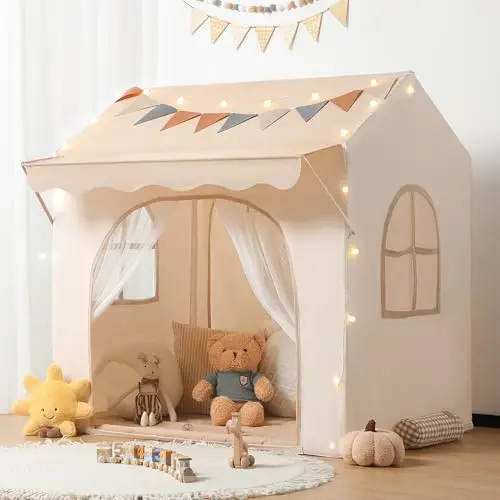 Besrey Tienda de Juego para Niños con Toldo, Casita Infantil 2 en 1 con Luz LED, Bandera y Alfombra Acolchada, Ideal para Interior y Exterior como Tienda de Campaña Infantil, Tipi Infantil