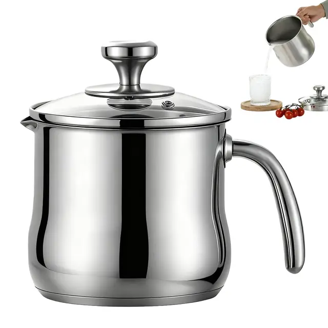 Olla para leche de 2 litros de acero inoxidable con tapa y vertedor, olla de inducción con asa, olla a fuego lento para pudin, para baño de agua, olla para fundir gas y todo tipo de fuegos