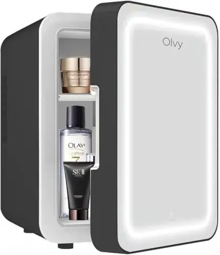Olvy Mini Nevera Cosmética de 4 Litros, Frigorífico Portátil con Espejo LED, Mini Frigorífico para Cuidado de la Piel, Enfría y Calienta, para Dormitorio, Negro