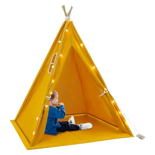 Tipi infantil, 120 x 120 x 140 cm, tienda de juegos tipi de algodón para niños con alfombra y cadena de luces, tienda infantil con cadena de luces, casa de juegos plegable ideal para habitación