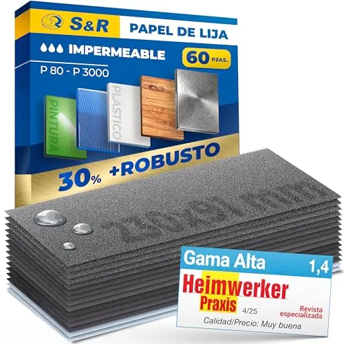 S&R Papel de Lija de Agua para Coches Madera Metales Porcelanico. Papel Impermable 60 pzas - Grano : 80/120/ 150/180/ 240/320/ 400/600/ 800/1000/ 1200/1500/ 2000/2500/ 3000