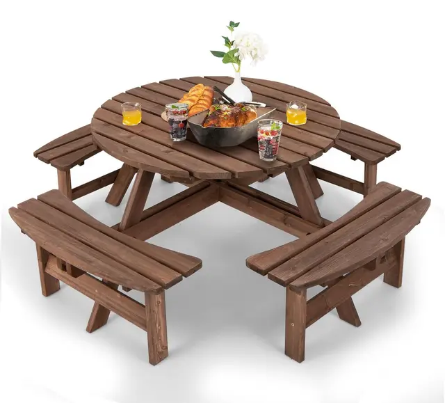 GIANTEX Juego de Muebles de Jardín al Aire Libre de Madera de Abeto para 8 Personas, Juego de Mesa de Picnic con Agujero para Sombrilla para Patio, Jardín, Terraza