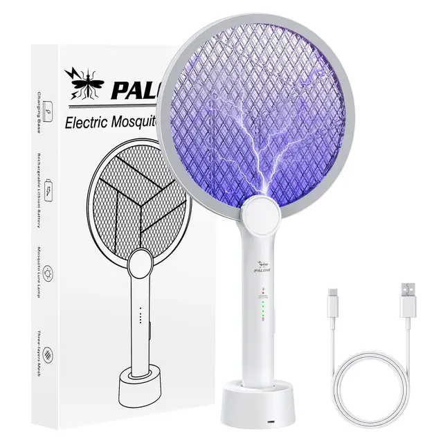 PALONE Raqueta Mosquitos Electrica 4000 V, con Base de Carga USB, Protección Eficaz de Doble Mata Mosquitos Electrico para Uso en Interiores y Exteriores(1PC)