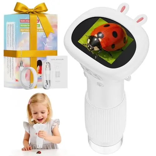 Microscopio Portatile Niños Zoom 1000x - Microscopio Digital Mini Recargable, Microscopi con Pantalla, 8 Luces LED, Ciencia Experimentos Juguetes para Cumpleaños/Navidad/Año Nuevo(Blanco)