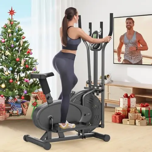 Bicicleta Elíptica, 2 en 1 Bicicleta Elíptica y Bicicleta Estática con Asiento, Monitor LCD, Resistencia Ajustable, Pedal Antideslizante, Máquina Elíptica para Ejercicios Aeróbic en Interiore
