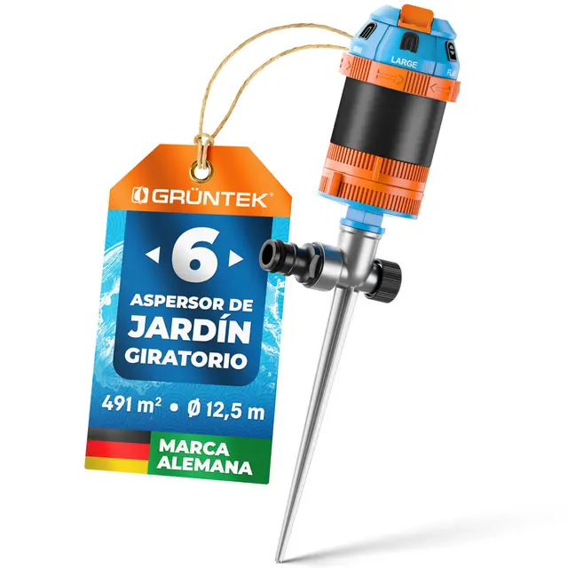 GRÜNTEK Aspersor de Riego Césped Aspersor Giratorio Automatico 360° Sectorial con Estaca de Metal - Regador Circular Riego Jardines Grandes Superficies - Alcance máximo 12.5 M