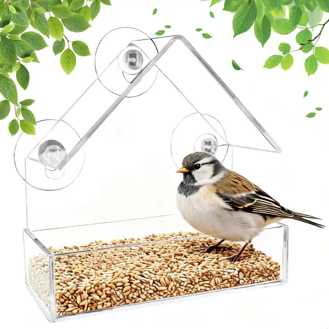 Comedero para Pájaros Acrílico Transparente Ventana de Casa de Pájaros sin Taladro con Cuchara de alimentación con 3 Ventosas Alimentador De Aves Abierto para Colgar en Forma de Casa,15x16x7 cm