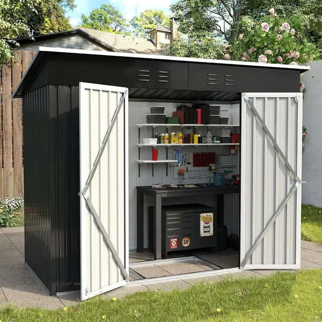UDPATIO Casetas de Jardin Exterior Grandes, 228x109x181 cm, Cobertizo Jardin de Metal Negro con Doble Puerta(106cm), Caseta de Almacenamiento para Herramientas y Equipos