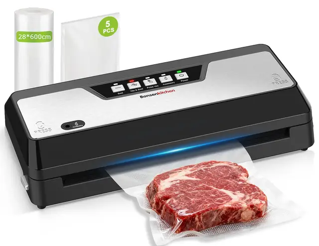 Bonsenkitchen Envasadora al Vacio con Cortador Incorporado y Función de Almacenamiento de Bolsas, Apta Para Cocción al Vacío y Comidas Preparadas, Incluye 1 Rollo y 5 Bolsas Precortadas, Negro