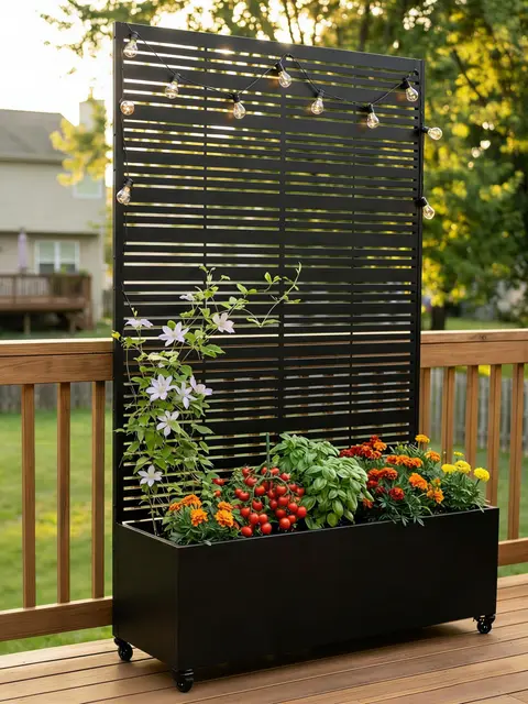 Huerto Urbano Elevado con Celosía, Jardineras Grandes para Exterior con Ruedas y Enrejado, Macetero de Metal para Privacidad, Ideal para Flores, Verduras y Plantas Trepadoras en Balcón