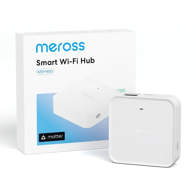 Meross Smart Hub Matter MSH450 | Alarma 110dB & Puerto Ethernet | Soporta Detector Humo, Sensores (Puerta/Ventana, Fugas Agua, Temp/Humedad) - Compatibile con Apple HomeKit, Alexa y Google Home