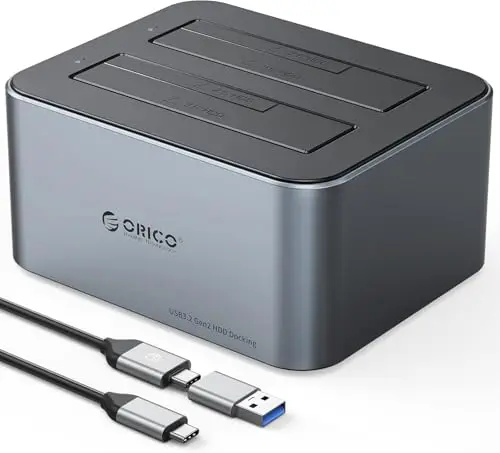 ORICO Base de Conexion Docking Station para Discos de 2.5" y 3.5" con Función de Clonación, UASP, Aluminio USB 3.2 Gen 2 SSD/HDD Estación de Acoplamiento, Soporte 2*18TB, sin Herramientas.