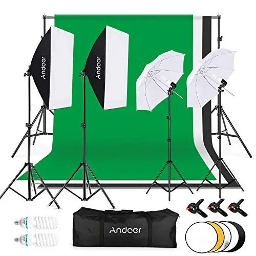 Andoer Kit de Fotografía, 2 Softbox 50x70cm, 2 Bombillas de 135W y 2 de 45W, 3 Fondo de Blanco, Negro, Verde, Sistema de Soporte de 2x3m para Retratos y Videos