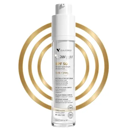 Glow Day Crema Solar Facial 50, Crema Antiarrugas con Protección Solar Bioestimuladora con Péptidos, 100/100 en Yuka, Sin Efecto Blanquecino y Sin Nanopartículas, 50 ml