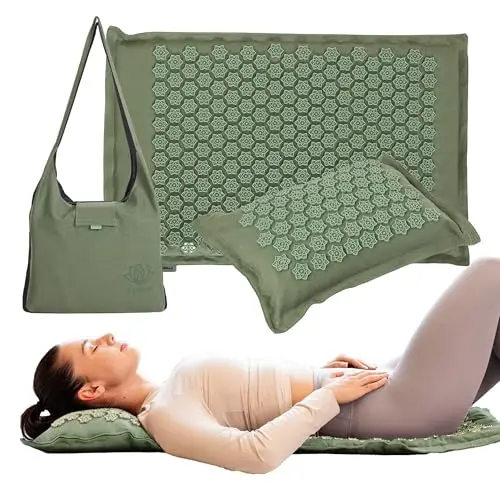 XTREXO Eco - Esterilla de acupresión ecológica con cojín de 40 x 30 cm en verde con tamaño de la alfombrilla 68 x 44 x 2 cm, de lino y PVC, para reducir la tensión, apoya el sueño
