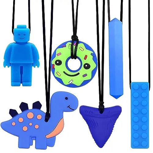 Mordedor para Bebé, 6 Piezas Mordedores Refrigerante, Autismo Masticar Colgante, Collar de Lactancia, Masticar Collar Perfecto para Niños con TDAH, Dentición, Autismo, Necesidad de Morder (Azul)