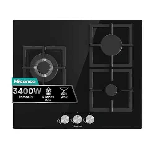 Hisense GG633B - Placa de Gas Natural, 3 Zonas, 60 cm, Parrilla de Hierro Fundido y Cristal Templado Negro, Autoencendido Integrado en los mandos, Seguridad GasStop, Fácil limpieza