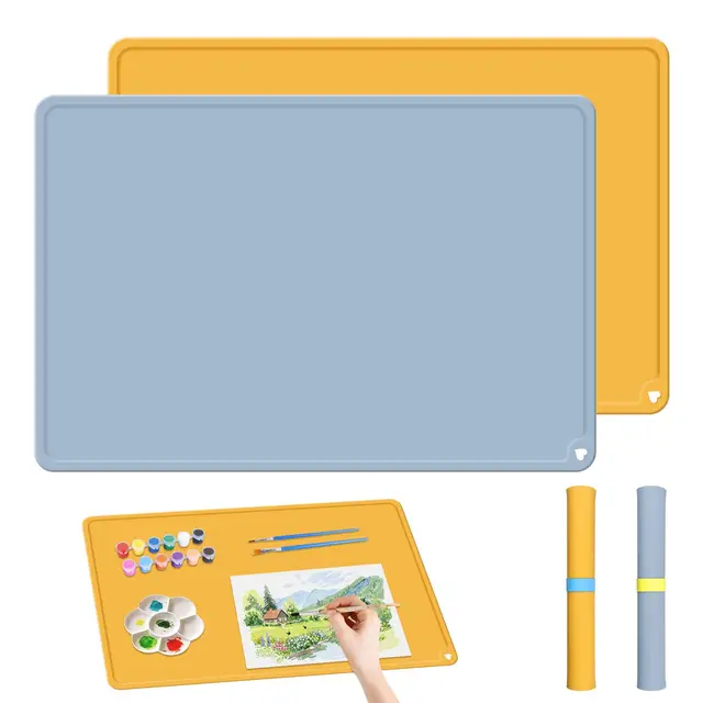 Tapete de Silicona para Pintura 2 Piezas (60×40 cm), Alfombra Antiadherente y Lavable para Manualidades con Bordes Elevados; Ideal para Pintar, Resina, Arte con Arena y Modelado (Azul y Amarillo)