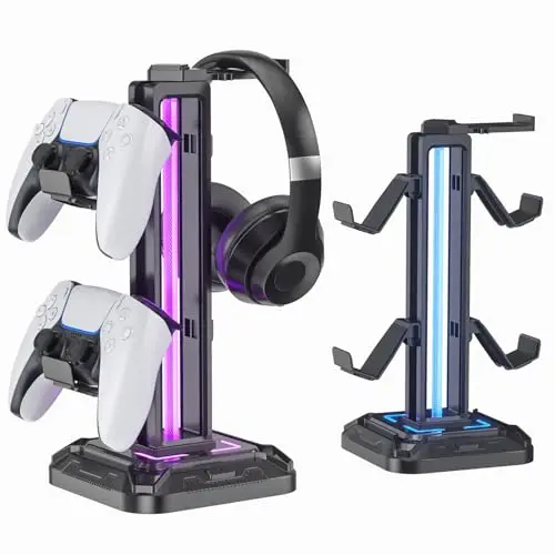 KDD Soporte Cascos Gaming con 9 Modos de Luz - Soporte Auriculares Giratorio & Soporte Mando Xbox Desmontable & LED Headphone Stand para Escritorio Juegos PS5 PS4 Accesorios Gaming PC (Negro)