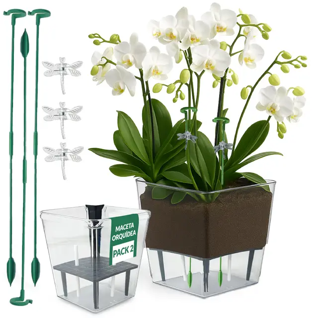 Pack de 2 Maceta Orquídea con Sistema Autorriego – Maceta Grande (10 x 15 cm) y Pequeña (7.5 x 11 cm) – Macetas Decorativas Interior - Macetero orquídeas Transparente Macetas Plástico