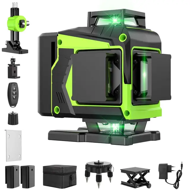 Nivel Laser Autonivelante 360 Grados, Nivel Láser Verde 16 Líneas, 2 x 360 Horizontal y 2 x 360 Verticales, 2 x Batería, Montaje en Pared, Control Remoto, Base Magnética, Soporte Giratorio