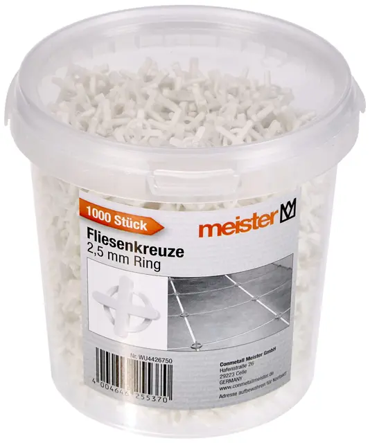 Meister 4426750 - Cruces para azulejos (2,5 mm, juego práctico de 1200 unidades, reutilizables, de polipropileno resistente, accesorios para azulejos, ayuda para la colocación de baldosas, cruces para