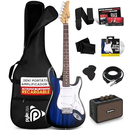 Pyle kit guitarra electrica con amplificador bluetooth portatil, Tamaño completo, Pastillas Humbucker estilo ST, Accesorios incluidos: esctuche, Correa, Cuerdas, Puas, Paño de Limpieza