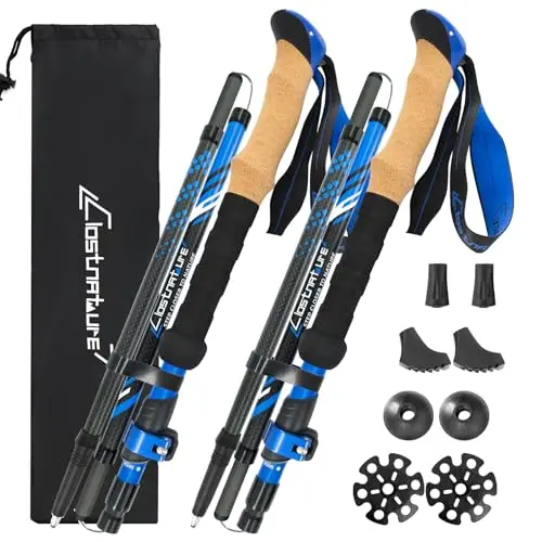 Clostnature Bastones de Senderismo Plegables - Bastones Trekking de Fibra de Carbono, Juego de 2, Ajustables 115-135 cm, Sistema de Bloqueo Rápido, Palos de Senderismo Ultraligeros y Resistentes