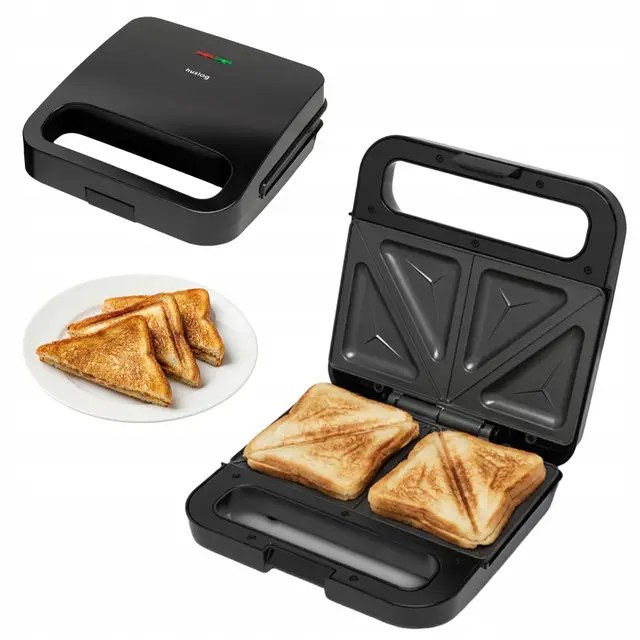 SimpleBite Sandwichera 800W - Tostadora para 2 tostadas, revestimiento antiadherente, placas triangulares, calentamiento rápido, 2 min, termostato automático 140-210 °C, LED