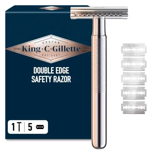 King C. Gillette Maquinilla de Afeitar de Doble Filo para Hombre con Mango de Metal de Larga Duración Y Revestimiento Antifricción, con 5 Cuchillas de Recambio, Afeitado Clásico Manual