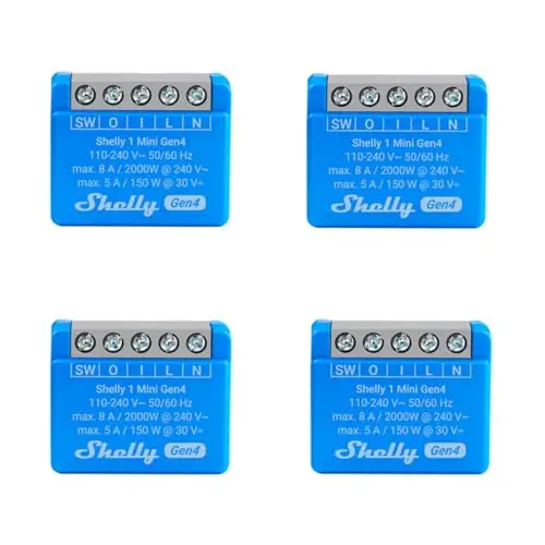 Shelly 1 Mini Gen4, paquete de 4, interruptor de relé inteligente WiFi, 1 canal, 8A, contacto sin potencial, automatización del hogar, control remoto, no se requiere hub, Alexa, Google Home, Apple