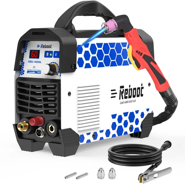 Reboot RBC6000L Cortadora de Plasma 60A – Arco Piloto Sin Contacto, 240V, Corte Máximo 16mm y Corte Limpio 10mm, Incluye Kit de Consumibles