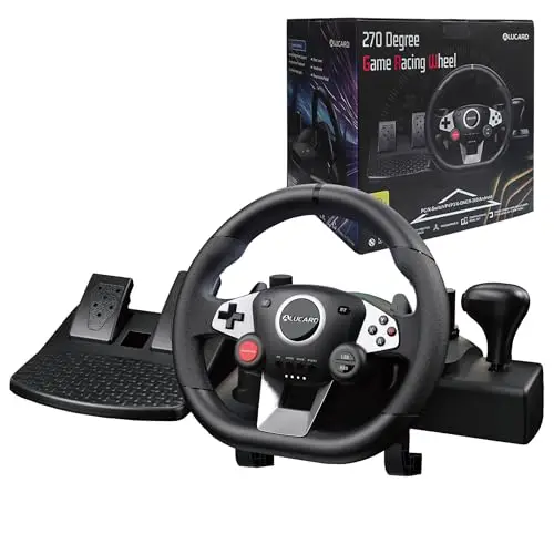 DuLingKer Volante PC con Pedales, Volante de Juegos 270° para PC/PS4/Switch/PS3/Xbox One/Xbox 360/Android TV, Volantes de Carreras con Pedales y Paletas de Cambio, Vibración Feedback