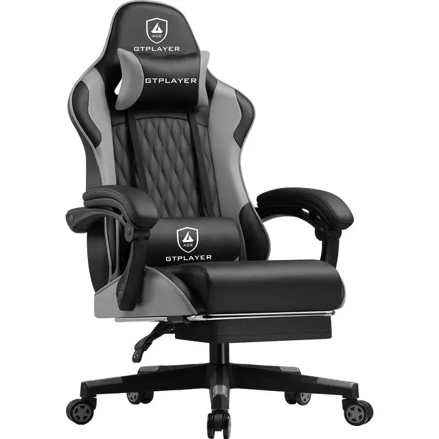 LUCKRACER Silla Gaming | Silla de Juegos para PC Gamer con Reposapiés Ajustable, Respaldo Lumbar y Cojín para Cabeza - Gris