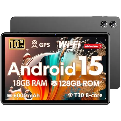 Tablet 10 Pulgadas Android 15, 18 GB RAM + 128 GB ROM, Google GMS, Expandible a 1 TB, Compatible con Widevine L1, Procesador Octa-Core con 2.4G+5G WiFi 5, BT 5.2, Batería de 6000 mAh, GPS, Cámara Dual