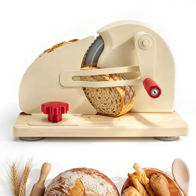Cortador de Pan Manual Plegable – Rebanadora con Botón Ajustable Rojo (0-28 mm), Hoja de Acero Inoxidable Afilada, Manivela, Base de Madera Antideslizante para Hogar, Panadería, Cafetería
