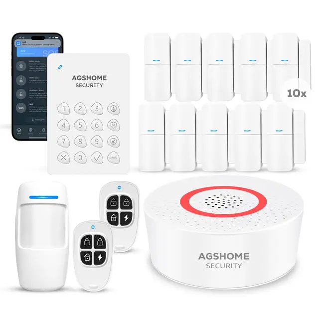 AGSHOME Alarmas para Casa, Kit Alarma casa con Sirena 120dB, Sistema de Seguridad para Hogar con 2.4GHz, Batería 8 Horas, Notificaciones en Tiempo Real, Funciona con Alexa