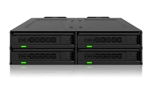 ICY DOCK Rack móvil para 4 SSD U.2/U.3 NVMe PCIe 4.0 de 15 mm en bahía de 5,25" 2 x SlimSAS 8i (SFF-8654) – Sistema de Montaje sin Herramientas - ExpressCage MB324V4P-B