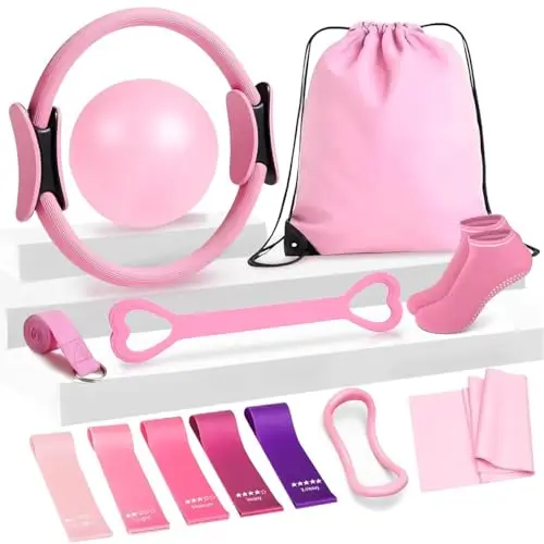 13 Piezas Pilates Essential Kit, Kit Pilates en Casa con Anillo de Pilates, Anillo de Pilates, Bandas de Resistencia, Calcetines y Accesorios, Pilates Accesorios para Casa y Gimnasio Yoga Fitness
