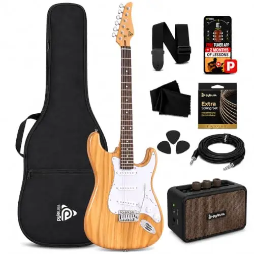 Pyle kit guitarra electrica con amplificador bluetooth portatil, Tamaño completo, Pastillas Humbucker estilo ST, Accesorios incluidos: esctuche, Correa, Cuerdas, Puas, Paño de Limpieza