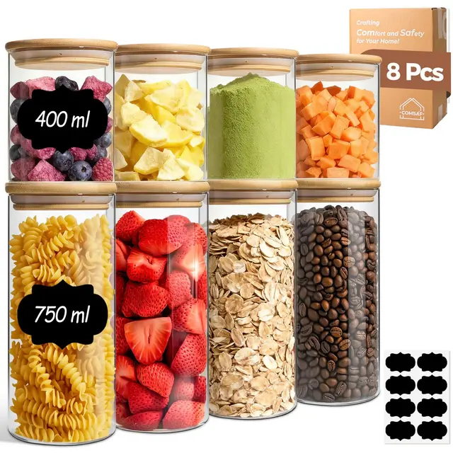ComSaf Tarros de Cristal con Tapa, Frascos de Vidrio con Tapa, 400-750 ml, Set de 8 Piezas, Adecuado para Paño de Cocina, Mezcla de Frutos Secos, Mini Galletas