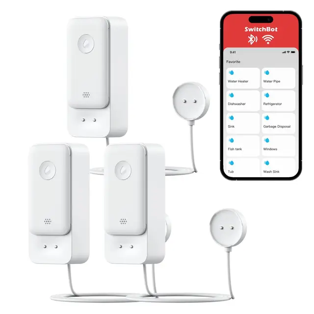 SwitchBot WiFi Sensor de Agua, Detector Inteligente de Fugas de Agua, 100dB Alertas Ajustables y de App, IP67 Impermeable, Detector Inalámbrico para Cocina, Baño, Sótano (Detector with Cable 3Pack)