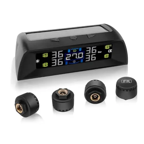 TPMS Sistema Monitoreo Presión Neumáticos, Carga Solar/USB, 6 Funciones de Alarma, Auto On/Off, Compatible Caravana/Berlina/SUV/MPV (4 Sensores, 72 PSI)