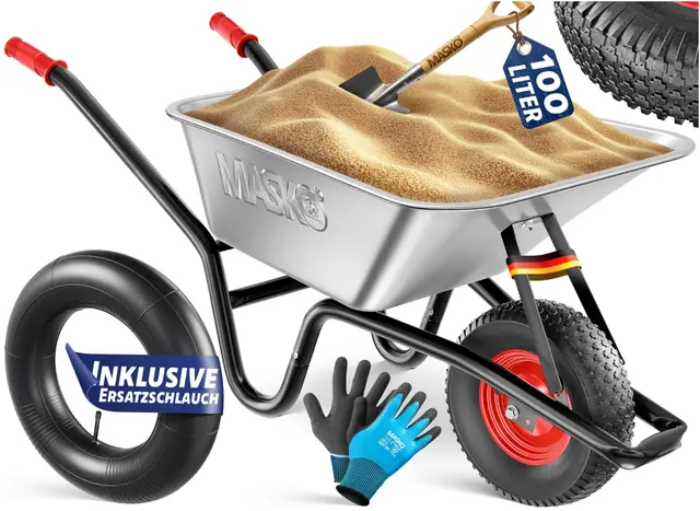 MASKO® Carretilla de Jardín y Construcción | 100 litros 250kg Neumáticos de Aire con Borde de Acero + Tubo de Repuesto para Carretilla | Bastidor de Acero Galvanizado Carro de Jardín, Plata (100l)