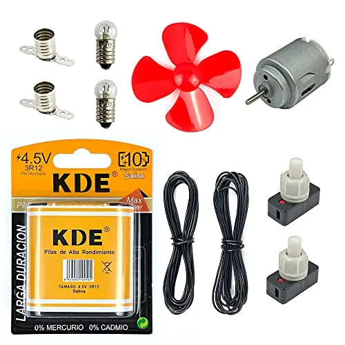 Kit Eléctrico Escolar Iniciación con Motor: Pila Petaca 4,5 V, 2 Bombillas, 2 Portalámparas, 2 Interruptores, 4 Metros Cable, 1 Motor, 1 Hélice. Set Electricidad Instituto y Manualidades.