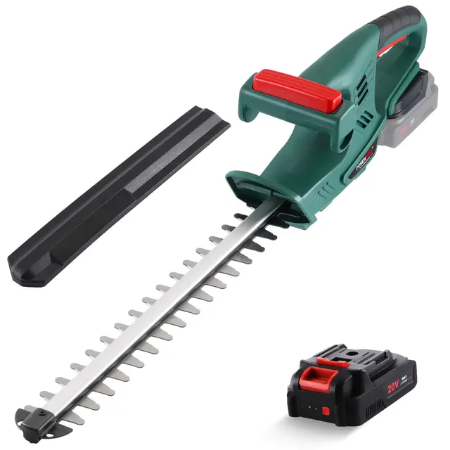 Cortasetos Bateria 20 V, POSENPRO Cortasetos Eléctrico con 2.0Ah Batería, 45 cm Longitud Hoja, 14 mm Espacio Entre Dientes, Cortasetos Inalámbricos para Setos, Ramas, Arbustos, Ramitas