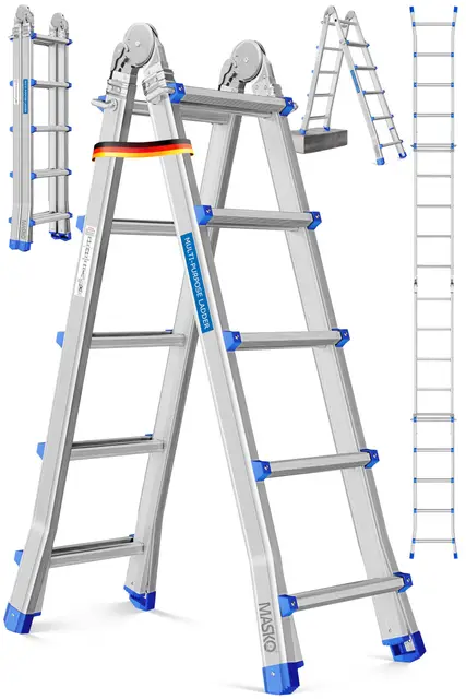 MASKO® Escalera de Aluminio multifunción 5,10m 4x5 peldaños Escalera telescópica ✓ Escalera multifunción ✓ Escalera Plegable Escalera de Caballete Escalera Extensible Escalera de Tijera de Doble Cara